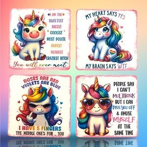 Handmade Sassy Colorful Unicorn Wood Coasters with Sarcastic Funny Sayings
